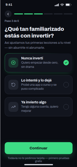 Onboarding: pregunta de nivel de experiencia, "¿Qué tan familiarizado estás con invertir?"